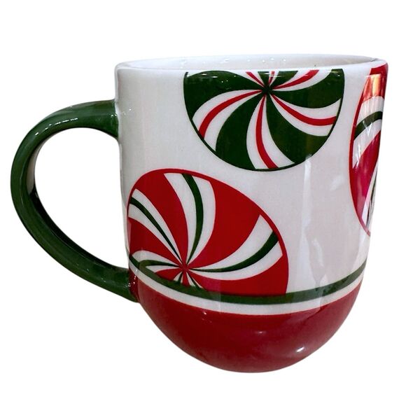 Set of 2 Vintage Pier 1 Hand Painted Red White Green 'CANDY CANE' Coffee Tea Mug - Picture 8 of 16
